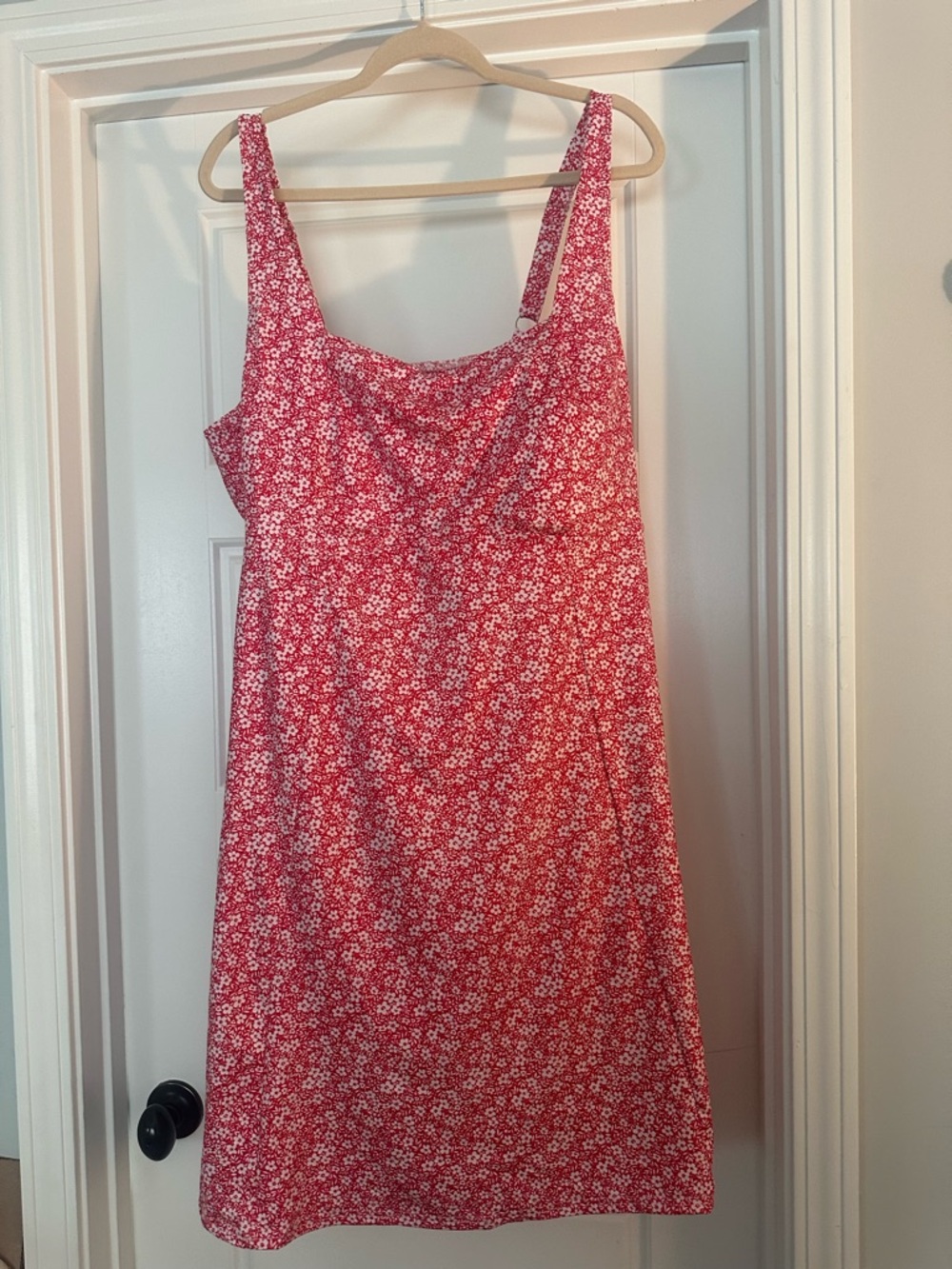 Red Floral Midi Dress with White Ditsy Print